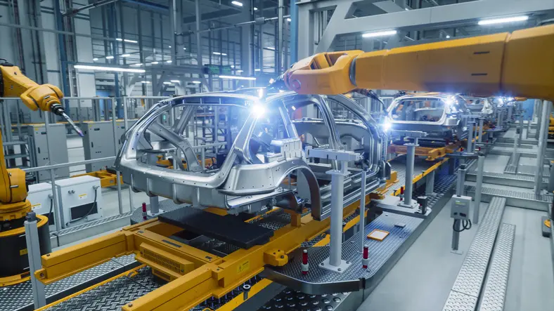Autonomous Factory with Robotic Arms Autonomously Assembling Car Frames At the Factory. Artificial Intelligence, Precision Production, Manufacturing of Sustainable, Green Energy Electric Vehicles